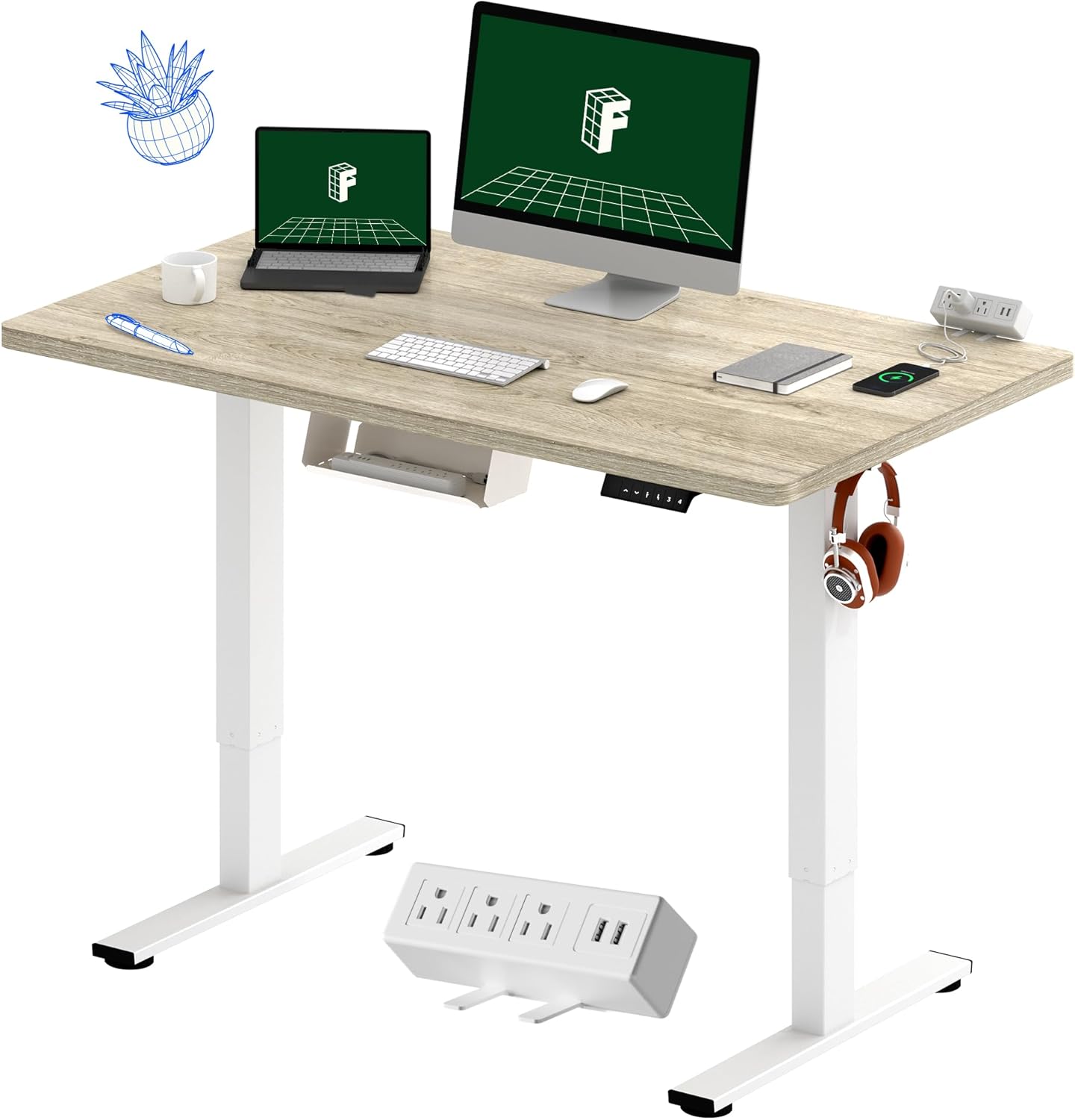 FLEXISPOT EN2 Whole-Piece Standing Desk with Clamp Power Strip, 48 x 24 Electric Stand Up Height Adjustable Desk with Cable Management (White Frame + 48" White Wood Grain Desktop)