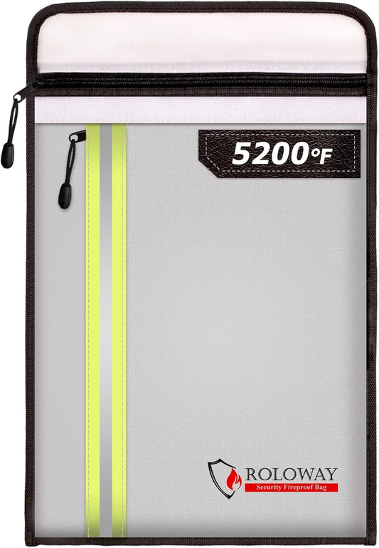 ROLOWAY Fireproof Document Bag (15.5 x 11.5 inch) with 2 Pockets and 5200℉ Aluminum Foil Layer, Fireproof Bag for Document Safe (Silver)