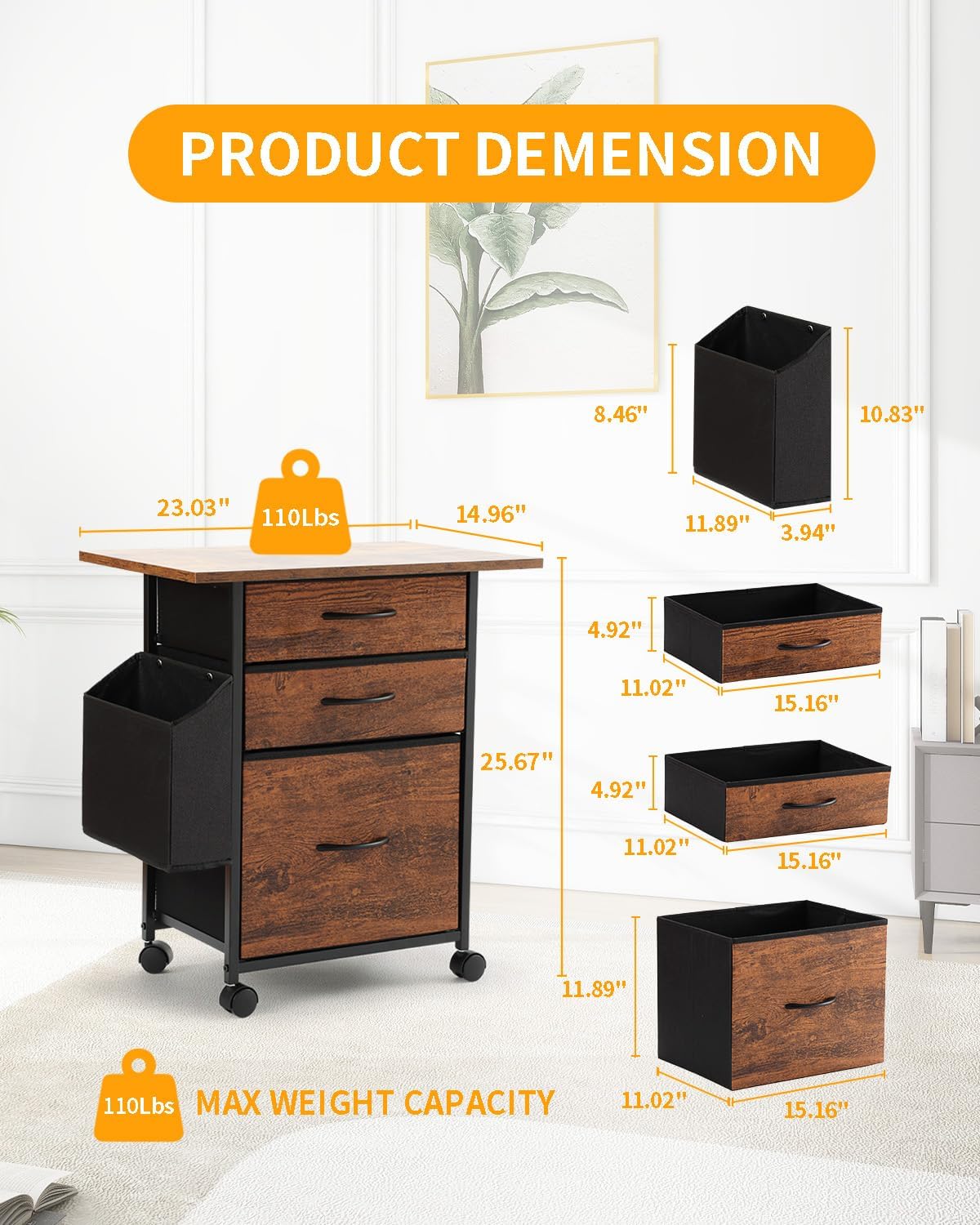 KATHY&BOB Printer Stand with 3 Fabric Drawer, Mobile File Cabinet for Home Office with Storage Bag, Rolling Under Desk Organizer Shelf, Fits A4 or Letter Size, Complete Top Plate Fast Assembly