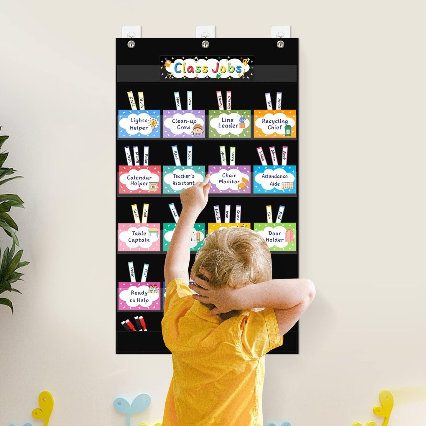 REGELETO Class Jobs Pocket Chart with 17 Pockets and 2 Storage Bags,Class Management Educational Pocket Chart Teacher's Helper Size: 32.6" L x 19.6 H" inch Bulletin Board for Classroom (Black)