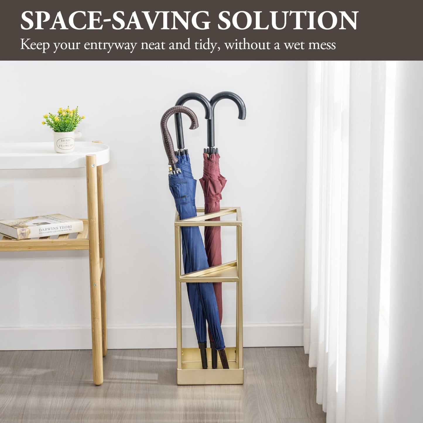 MyGift 20 Inch Tall Modern Brass Tone Metal Geometric Freestanding Entryway Umbrella Rack or Cane Holder with Shelf for Small Umbrellas and Bottom Drip Tray