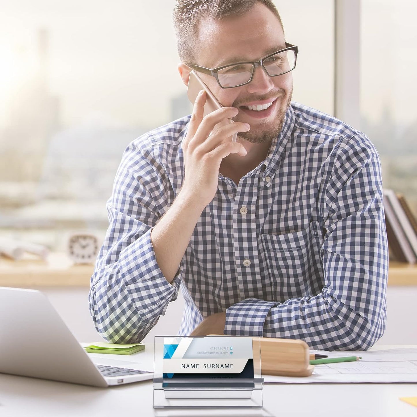 Sintuff 4 Pack Acrylic Business Card Holders for Desk Heavy Duty Clear Plastic Name Card Display Desktop Stand Organizer for Exhibition, Office, Restaurant, 50 Capacity