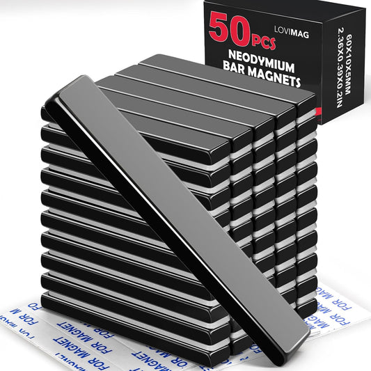 LOVIMAG Waterproof Strong Neodymium Bar Magnets, Black Refrigerator Magnets with Double- Sided Adhesive, Heavy Duty Magnet for Shower Door,Fridge,Office,Scientific Etc, 60 x 10 x 5 mm, Pack of 50