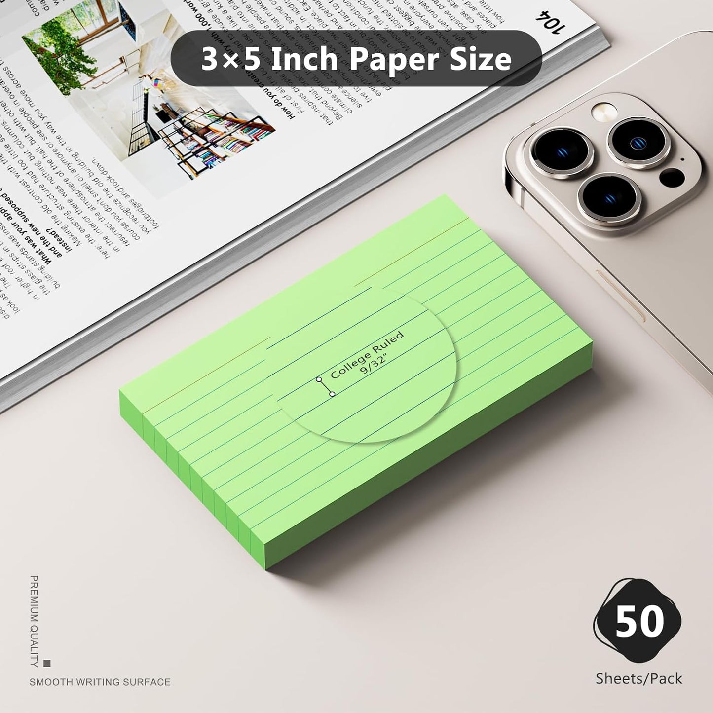 250 Count Index Cards 3 x 5 Inch, Heavyweight Green Lined Note Cards Portable Ruled Flash Cards Perfect for Studying and Organizing, Note Taking Study Flashcards for Home, School and Office