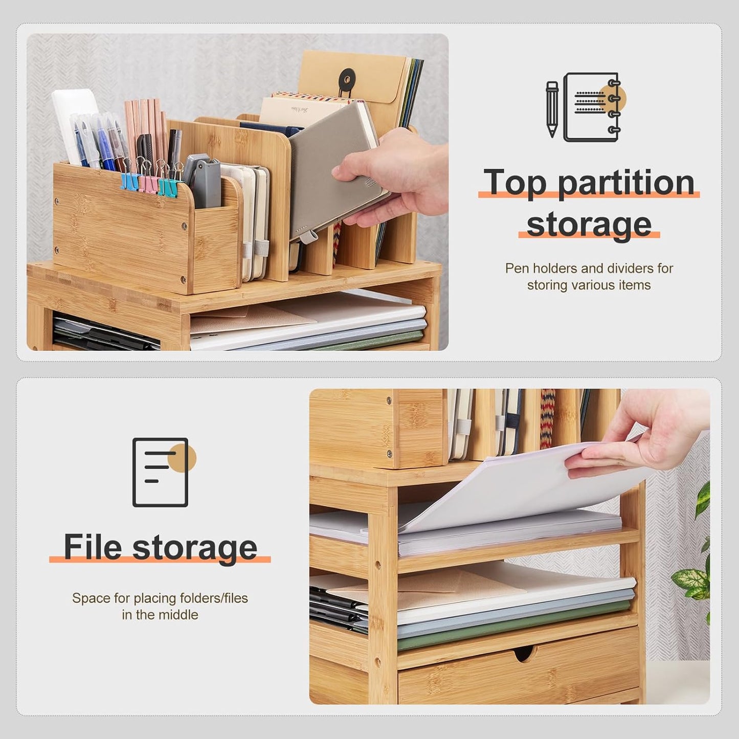 Homde Bamboo Desk Organizer with Drawer and File Holder, Office Organization for Desks with Adjustable Pen Holding, Desktop Letter Paper Tray Storage for Workplace Home School (Natural, L)