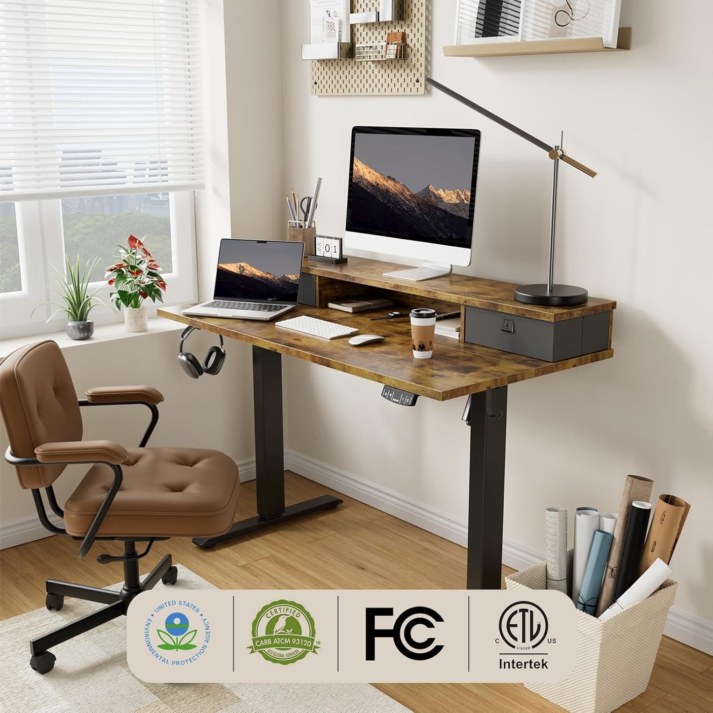 Agilestic 40 x 24 Inches Height Adjustable Electric Standing Desk with 2 Drawers, Stand Up Electric Standing Desk Adjustable Height, Sit and Stand Computer Table with Splice Board, Rustic Brown