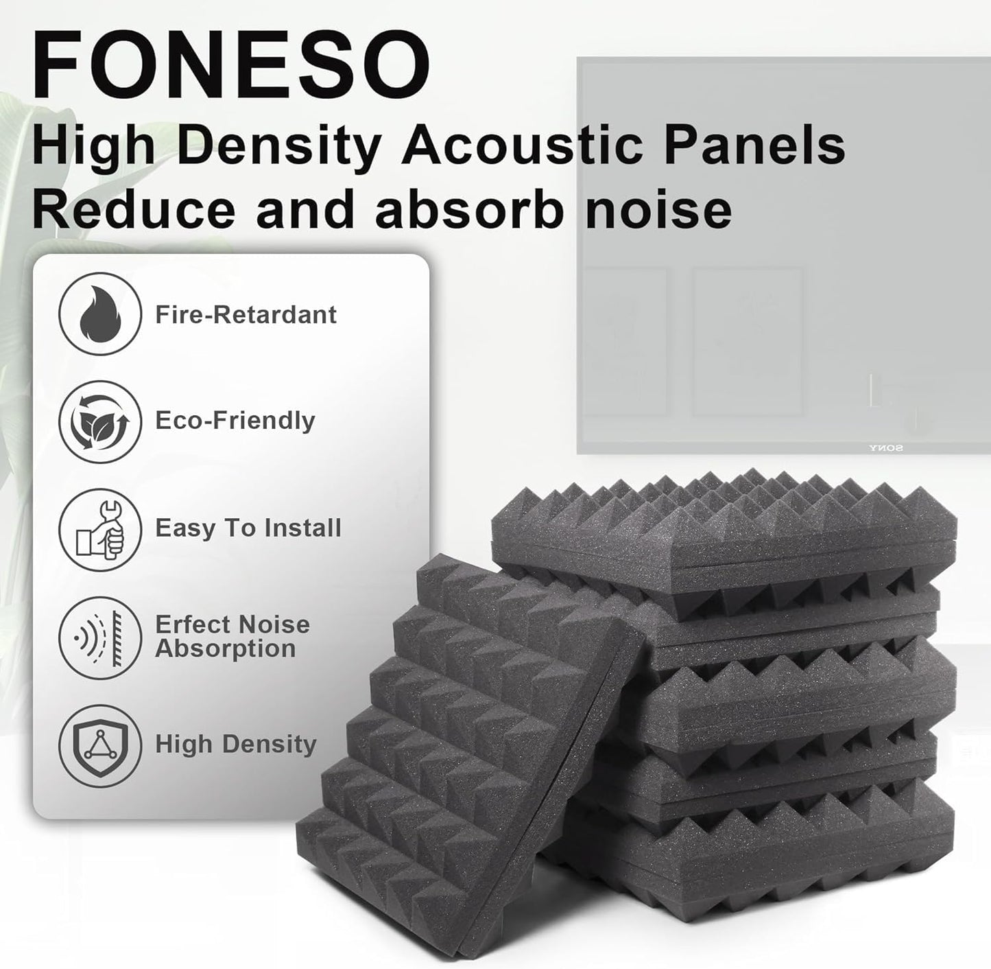 Foneso Acoustic Foam Panels 12Pack, 12''x12''x2'' High Density Sound Proof Foam Panels for Walls, Pyramid Designed Acoustic Panels Sound Absorbing for Sound Studio, Podcast Recording and Offices
