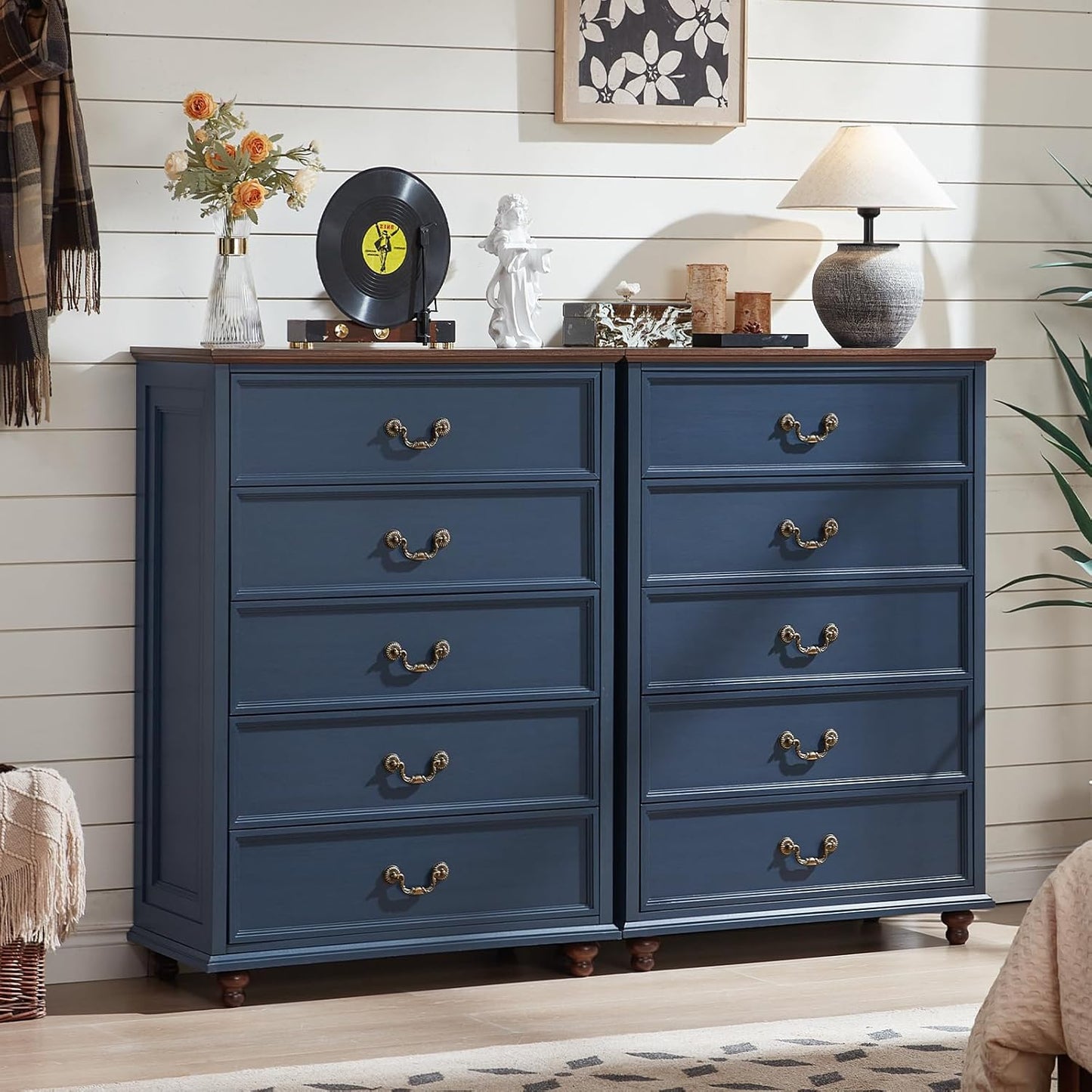 Farmhouse 5 Drawer Dresser Set of 2 for Bedroom, 45" Tall Rustic Chests of Drawers w/ 4 Solid Wood Feet, Mid Century Vintage Wooden Closet Storage Dressers Organizer for Living Room, Navy Blue