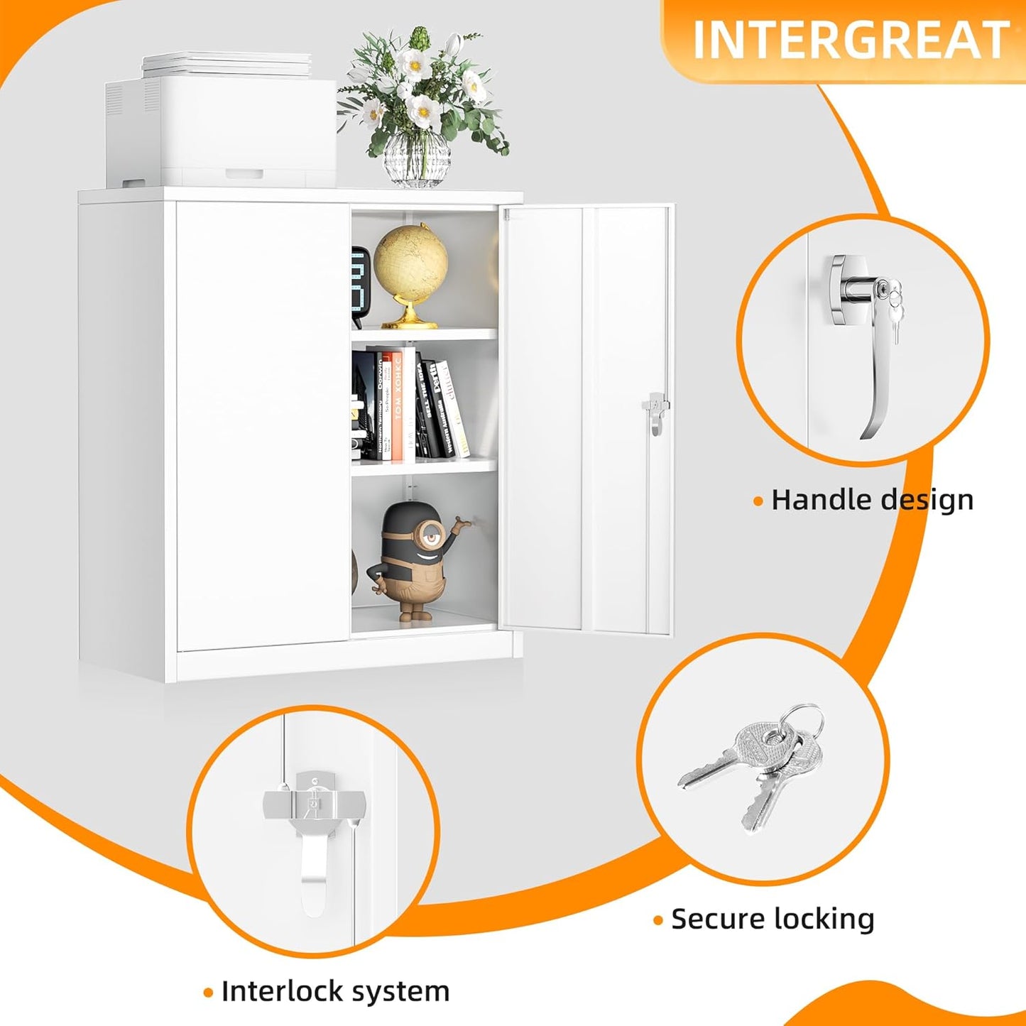 INTERGREAT Metal Cabinet with Lock, Lockable Metal Storage Cabinets with Doors and Shelves for Garage, White Locking Garage Storage Cabinets 36"×32"×16"