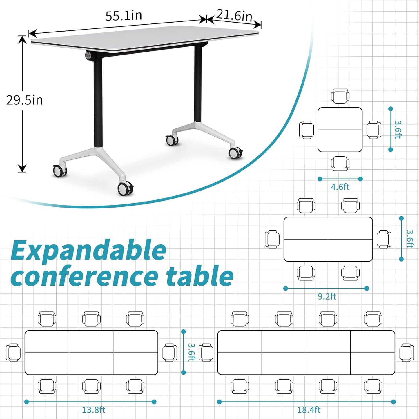 Folding Conference Table, Modern Conference Room Tables with Flip-Top Design, Foldable Conference Table Meeting Table with Wheels, Mobile Seminar Training Tables for Office Classroom (8, White 2)