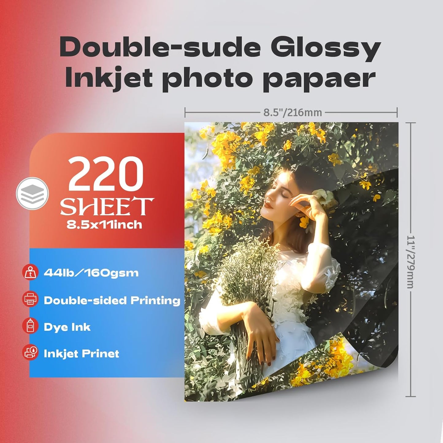 220Sheets Double Sided Photo Paper Glossy Brochure Flyer Paper Inkjet 8.5x11 44lb 160gsm Letter Size for All Dye Ink Printers