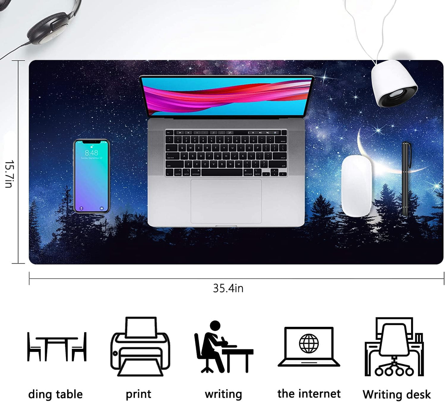 Extended Large Gaming Mouse Pad Starry Sky in The Forest XXL Size Keyboard Mouse Mat Desk Pad with Non Slip Rubber Base Stitched Edges Office Decor for Women Girls Men,35.4 x 15.7inch