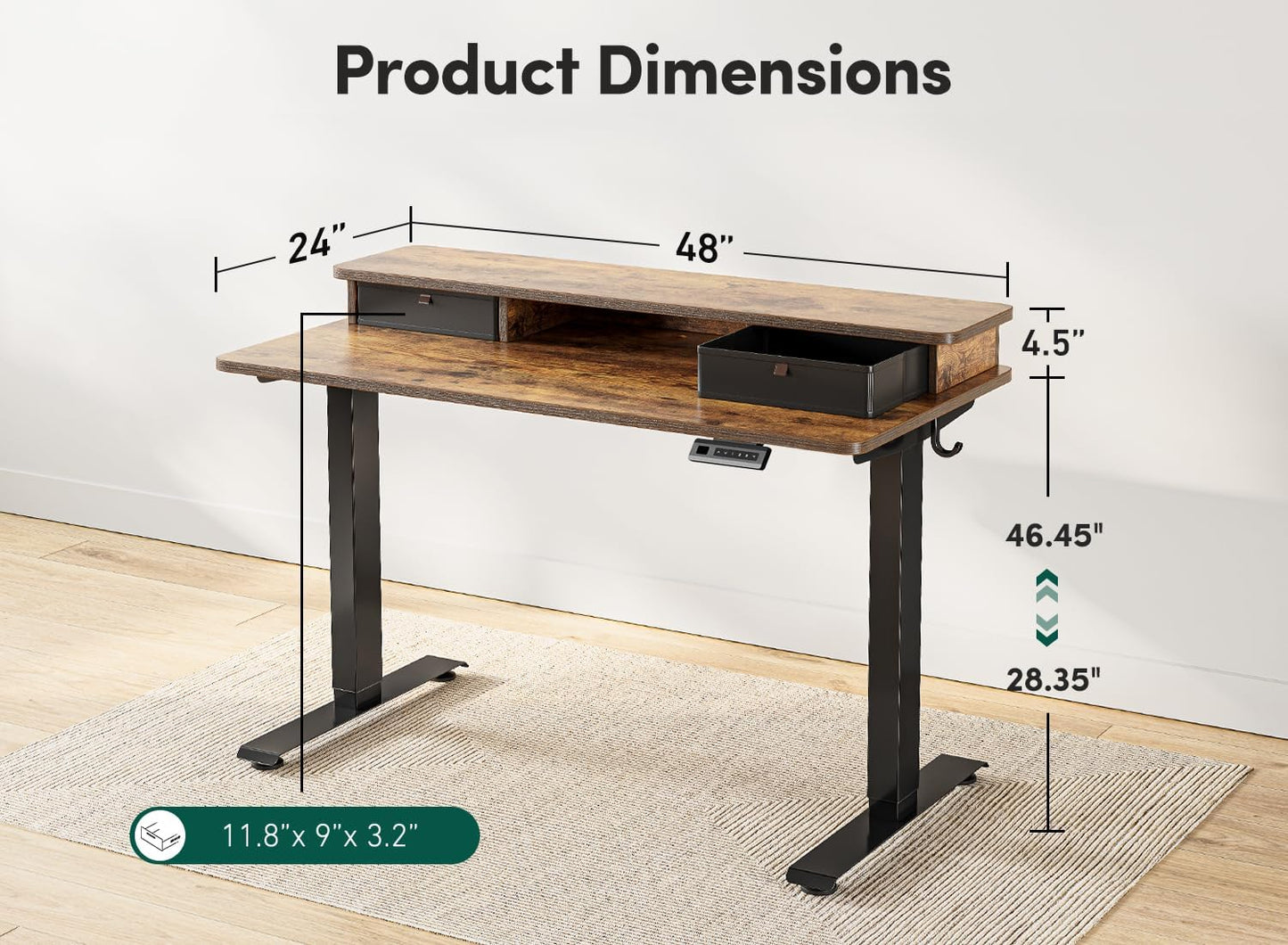 FEZIBO 48'' x 24'' Height Adjustable Electric Standing Desk with Double Drawer, Home Office Stand Up Table with 4 Height-Adjustable Feets & 2 Hooks, Vintage Brown