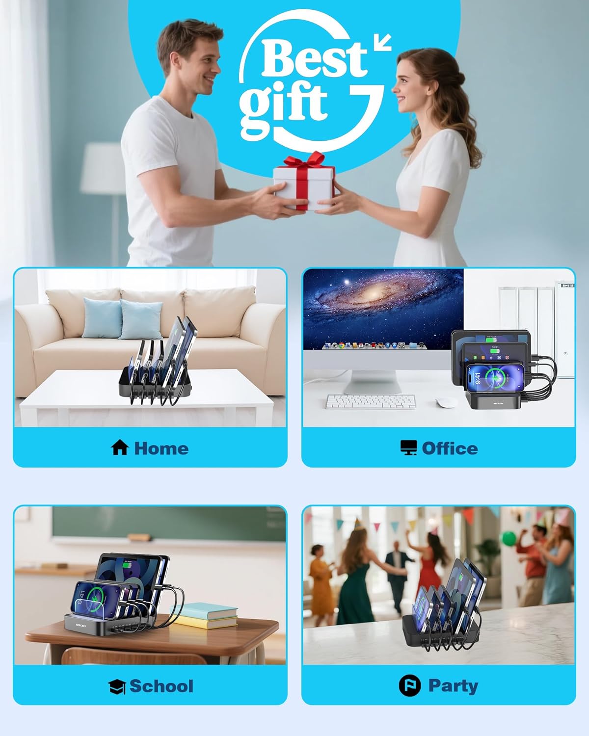 MSTJRY Charging Station for Multiple Devices : 5 Port Multi USB-A Charger Stations Multi-Device Organizer Charging Dock Designed for iPhone iPad Cell Phone Tablets (7 Short Cables Included), Gunmetal