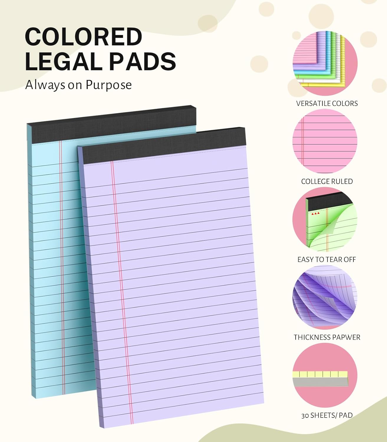 24 Pack Note Pads 5x8, Narrow Ruled Legal Pad, Multicolor Small Notepads, 30 Sheet/Notepad, Colored Lined Paper, Pink Legal Pad, Purple Notepad, Perforated Lined Note Pads for College, Office, Home