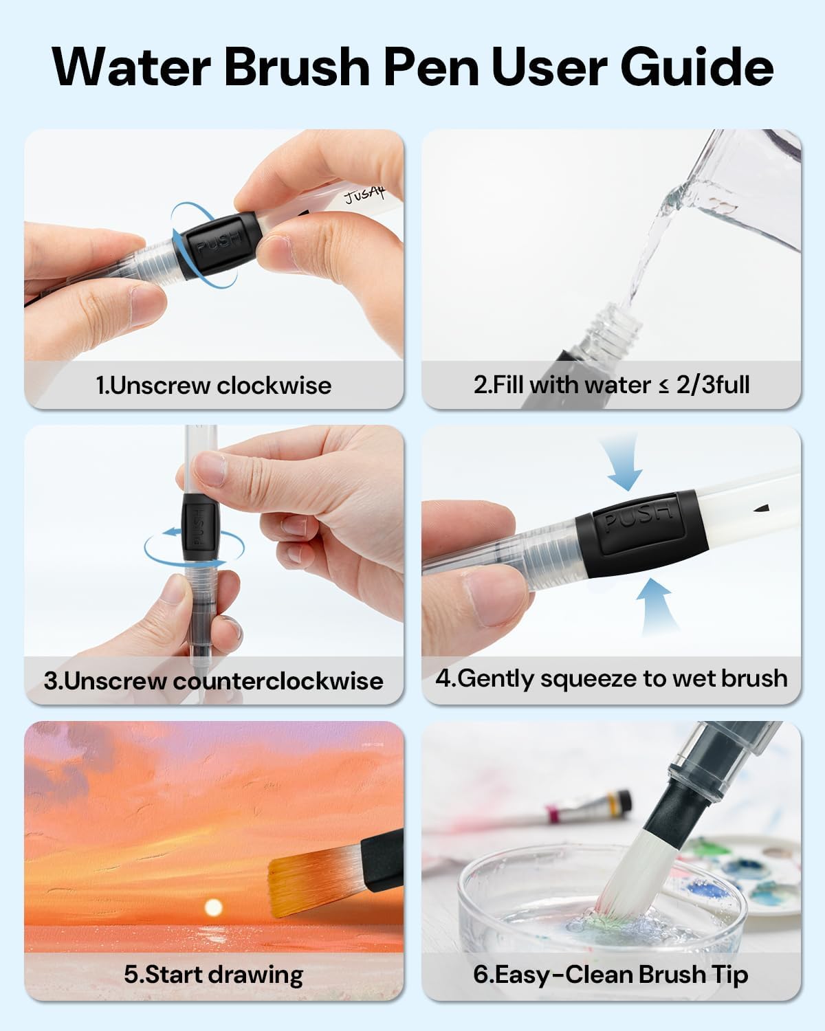 JusArt Water Brush Pens 6-Pack Leak-Proof Refillable Watercolor Pens for Acrylic and Gouache Painting - Includes Pointed & Flat Tip Styles - Portable Water Brushes for Artists, Beginners, Kids