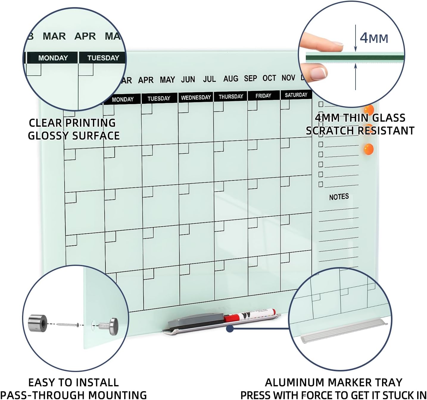 TSJ OFFICE Glass Calendar Whiteboard - 36 x 24 Inches Wall Mounted Monthly Dry Erase Calendar for Wall, Large Magnetic Glass White Board for Office, Home & School