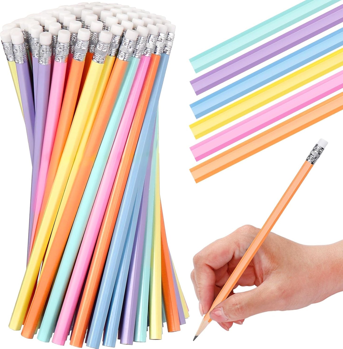 TecUnite 60 Pcs HB Pencils #2 Unsharpened Wood Cased Pencils with Eraser Hexagonal Pencil Cute Graphite No 2 Pen for Adults Gifts Exam School Office Sketching Learning(Macaron Color, Silver)