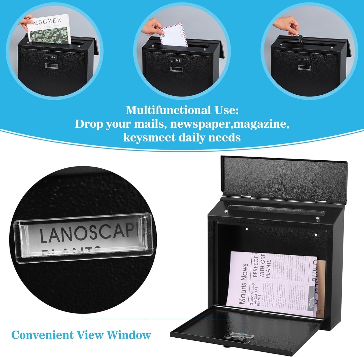 xydled Mail Boxes with Combination Lock,Locking Mailbox Wall Mounted,Security Metal Mailbox Drop Box, Modern Large Capacity,Steel Cover Metal Postbox for House Home Outside, Black, 14.2''x12.6''x4''