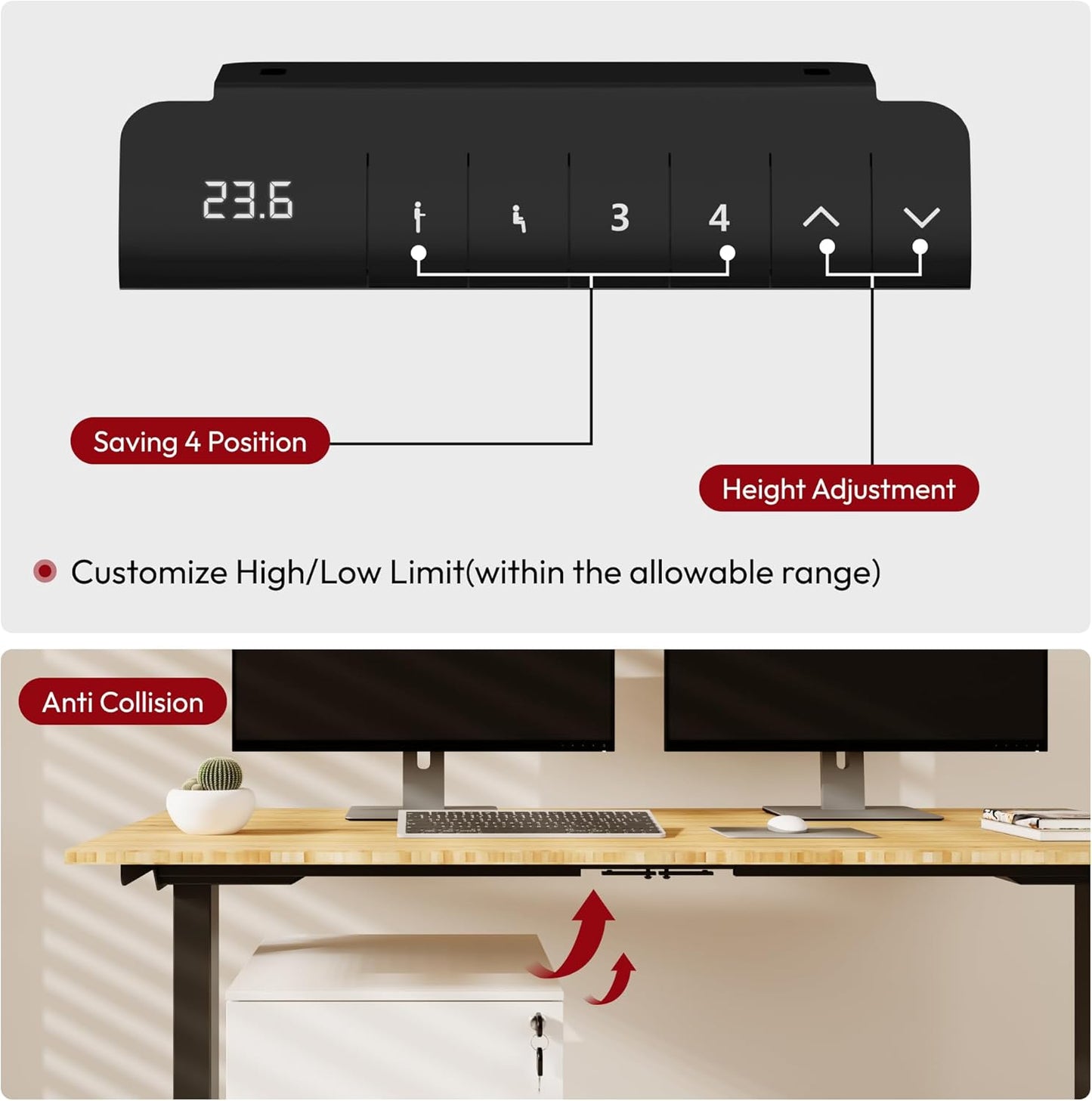 Standing Desk with Dual Motor, 3-Stage Lifting Column, Handset with 3 Preset and Sit-Stand Reminder - 60 inch Whole Piece Real Bamboo/Black Frame, Height Adjustable Desk for Home and Office