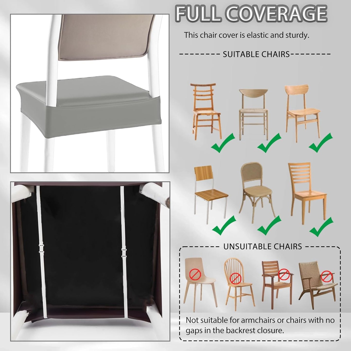 CWK Waterproof PU Leather Dining Chair Covers Set of 6-Stretchable Chair Seat Slipcovers, Removable & Washable Protector for Dining Room,Home,Office,Wedding,Rear Covers (PU-Silver)