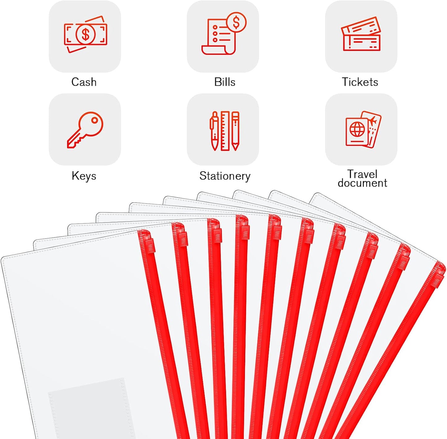 Marspark 100 Pieces Clear Pencil Case Zipper Envelope Bulk with Label Pocket Clear Plastic Envelopes with Zippered, A6 Pencil Bags for Cash, School Office Supplies, 9.2 x 4.7 Inches(Red)