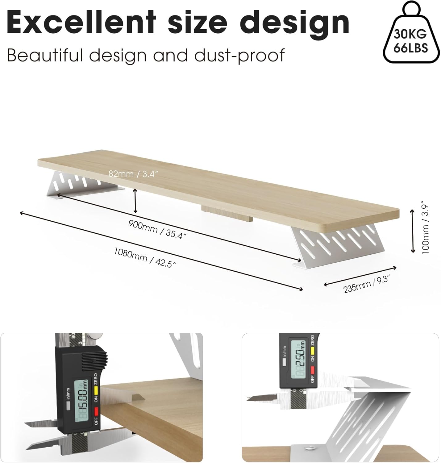 Fenge Dual Monitor Stand Riser, 42.5 Inch Desk Top Shelf for 2 Monitors, Computer Stands for Desk, Wood & Steel Desktop Riser for Laptop, PC, Printer