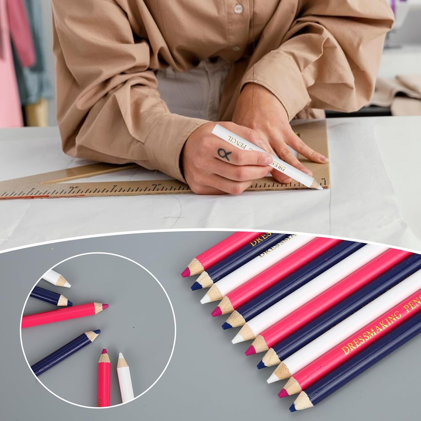 12pcs Fabric Markers for Sewing, Sewing Washable Pencil Disappearing Pen for Fabric Water Soluble Tracing Erasable Chalk Tools Tailors Dressmakers Quilting Embroidery DIY Crafts (Blue, Pink, White)