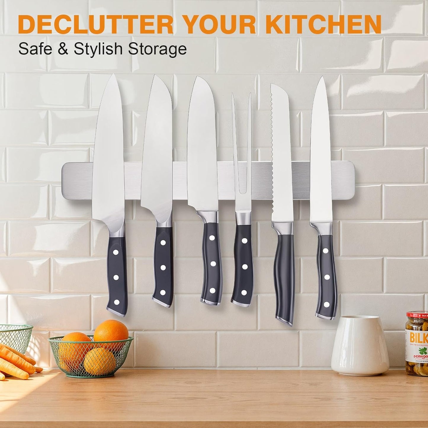 ENOKING 16 Inch Magnetic Knife Holder, 304 Stainless Steel Knife Magnetic Strip for Wall, Refrigerator, RV Kitchen, Knife Rack for Utensil Storage, Gray