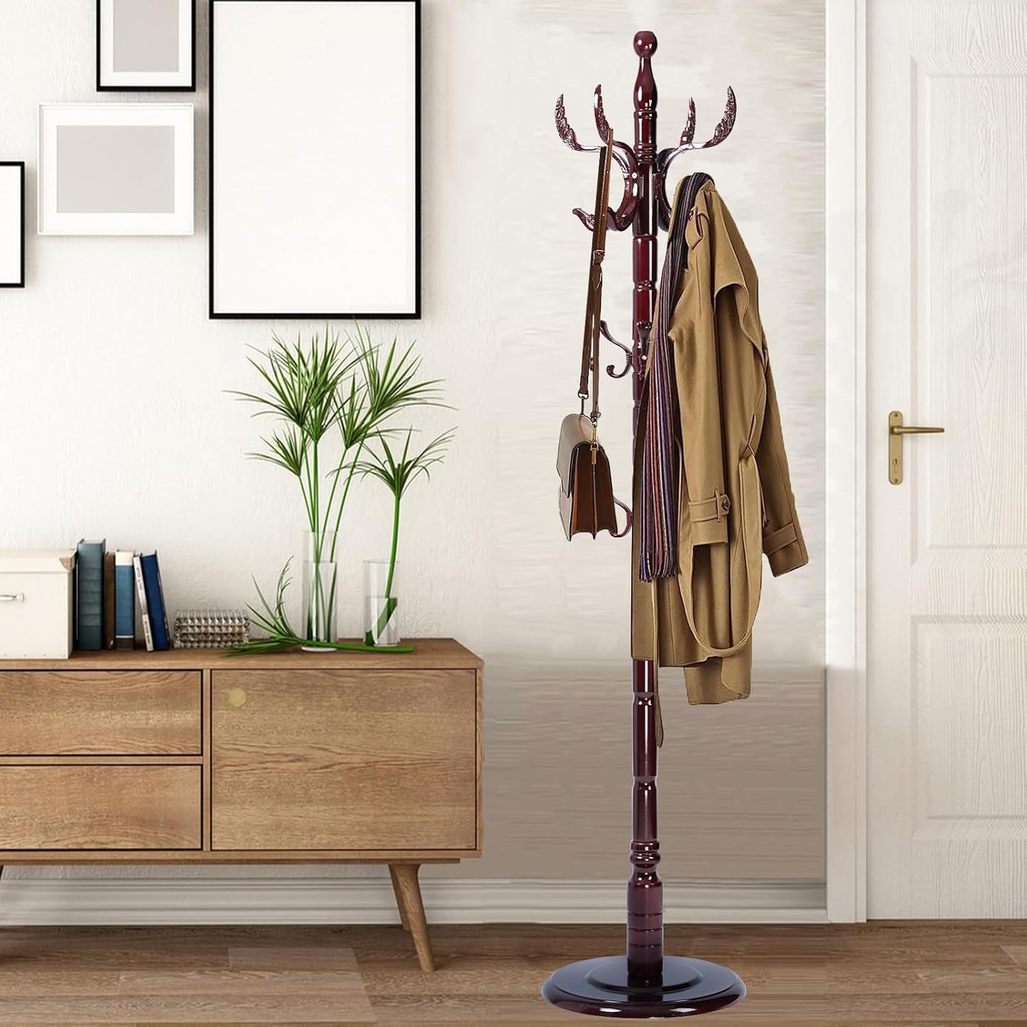 Coat Racks Free Standing with 14 Hooks, Natural Wood Coat Stands for Entryway, Adjustable Height 72 in Tree Coat Rack Stand for Hallway Home Office Bedroom (Mahogany Phoenix)