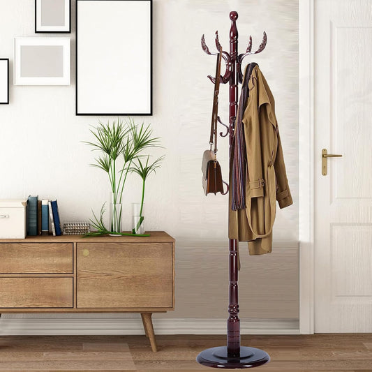 Coat Racks Free Standing with 14 Hooks, Natural Wood Coat Stands for Entryway, Adjustable Height 72 in Tree Coat Rack Stand for Hallway Home Office Bedroom (Mahogany Phoenix)