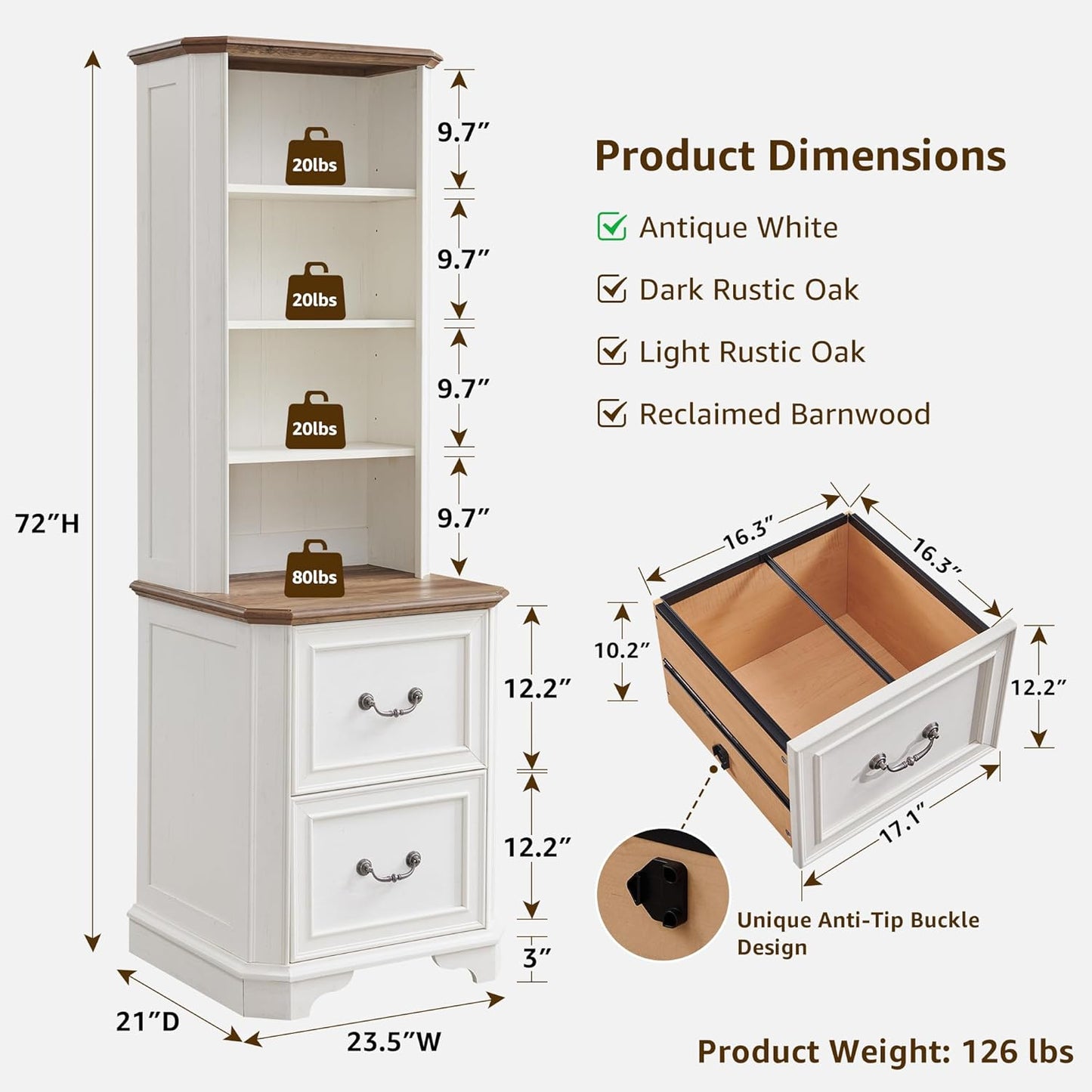T4TREAM 6-Tier Bookcase with 2 File Drawers, 72" Tall Farmhouse Bookshelf with Storage & Adjustable Shelves, Wooden Floor Standing Display Book Shelf Organizer for Home Office, Antique White