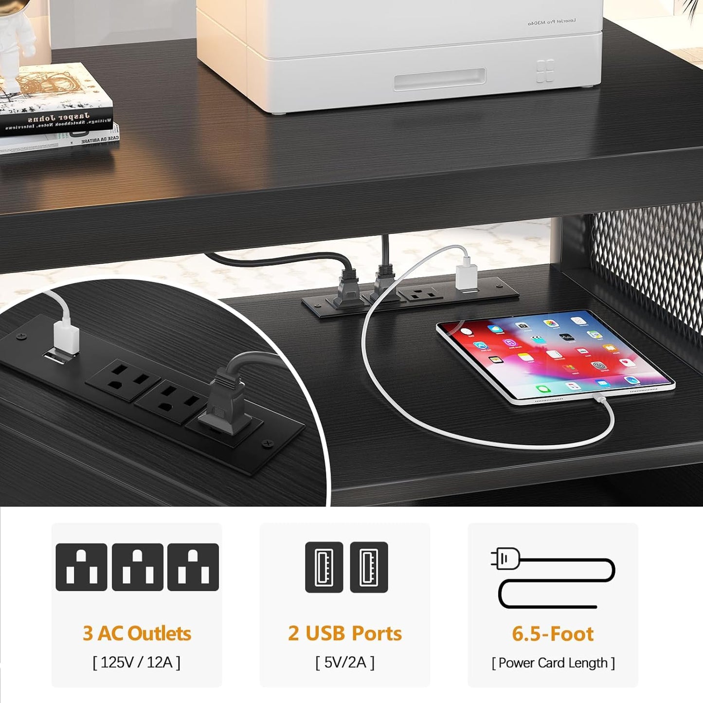 Unikito Lateral File Cabinet, Locking Office Filing Cabinets with Socket and USB Charging Port, Modern Rolling Printer Stand with Storage for A4, Letter Size and File Folders, Black