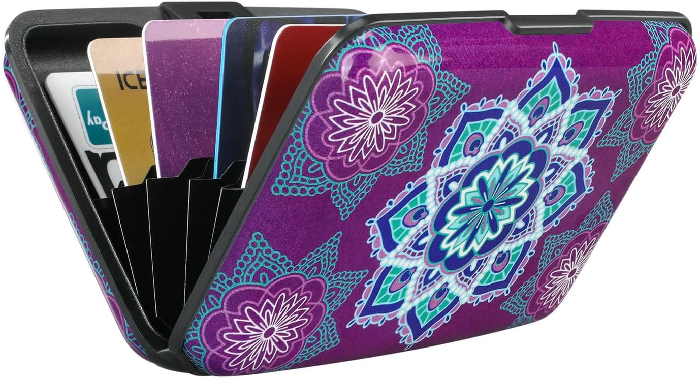 ELFISH Mini RFID Aluminum Wallet Credit Cards Holder Business Card Case Metal ID Case for Men Women (Purple flower)