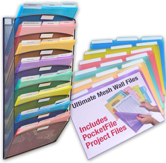Ultimate Office Mesh Wall File Organizer, 8 Tier Vertical Mount Hanging File Sorter. Multipurpose Display Rack Includes 18, 3rd Cut PocketFile Clear Document Folder Project Pockets (Black)