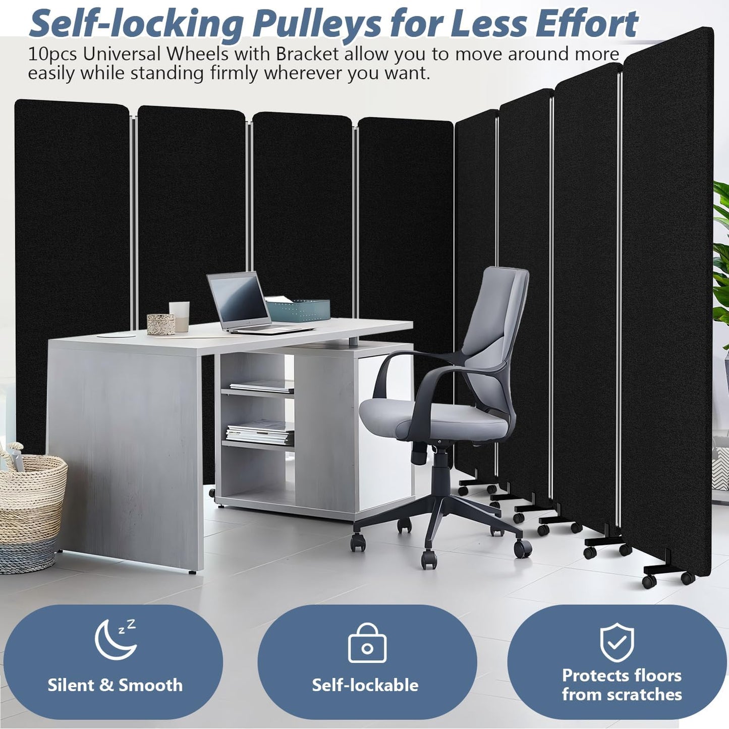 Acoustic Room Divider Privacy Panel with Wheels, 4 Panel Soundproof Room Divider (Aluminum Frame) for Room Partition, Folding Room Dividers Separation Office Cubicle Wall Sound Proof Partition Divider