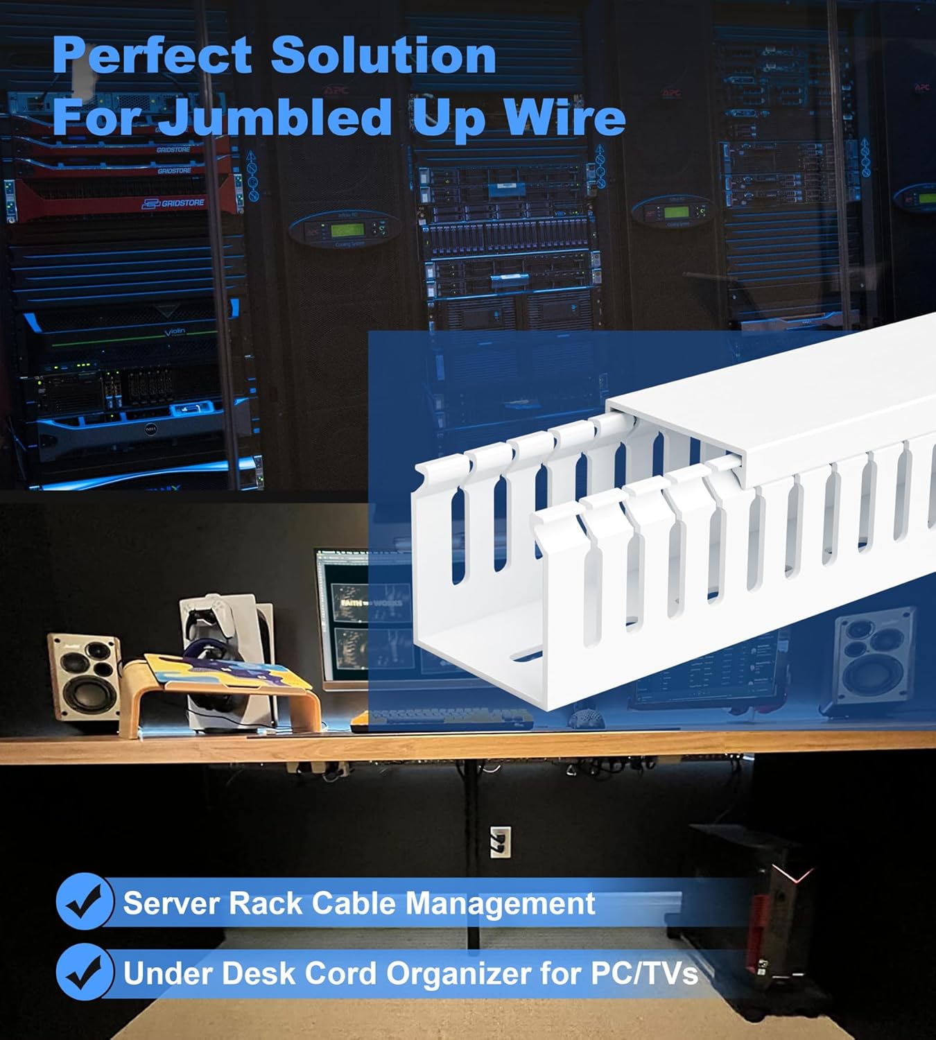 ZhiYo 66in(4X L16.5in) Professional Server Rack Cable Management Raceway, H2in x W2in Cable Raceway Kit, Electrically Safe PVC Open Slot Wire Raceway for Under Desk/Computer/Network Cords, White
