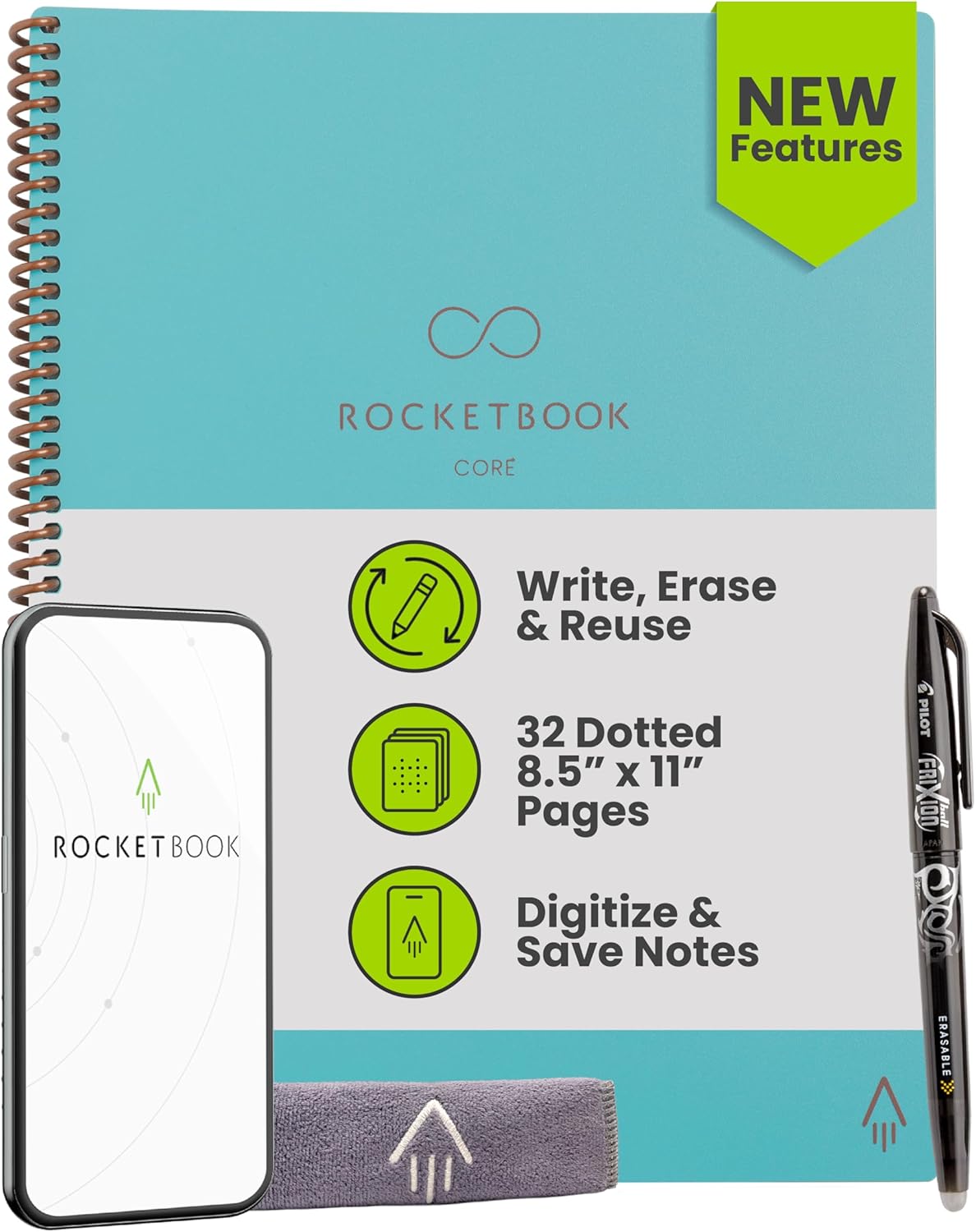 Rocketbook New Core Reusable Spiral Notebook, Letter Size 8.5x11, Teal - Dotted Pages, App-Connected, Erasable, Durable Cover, Ideal for School, Work, and Creative Projects