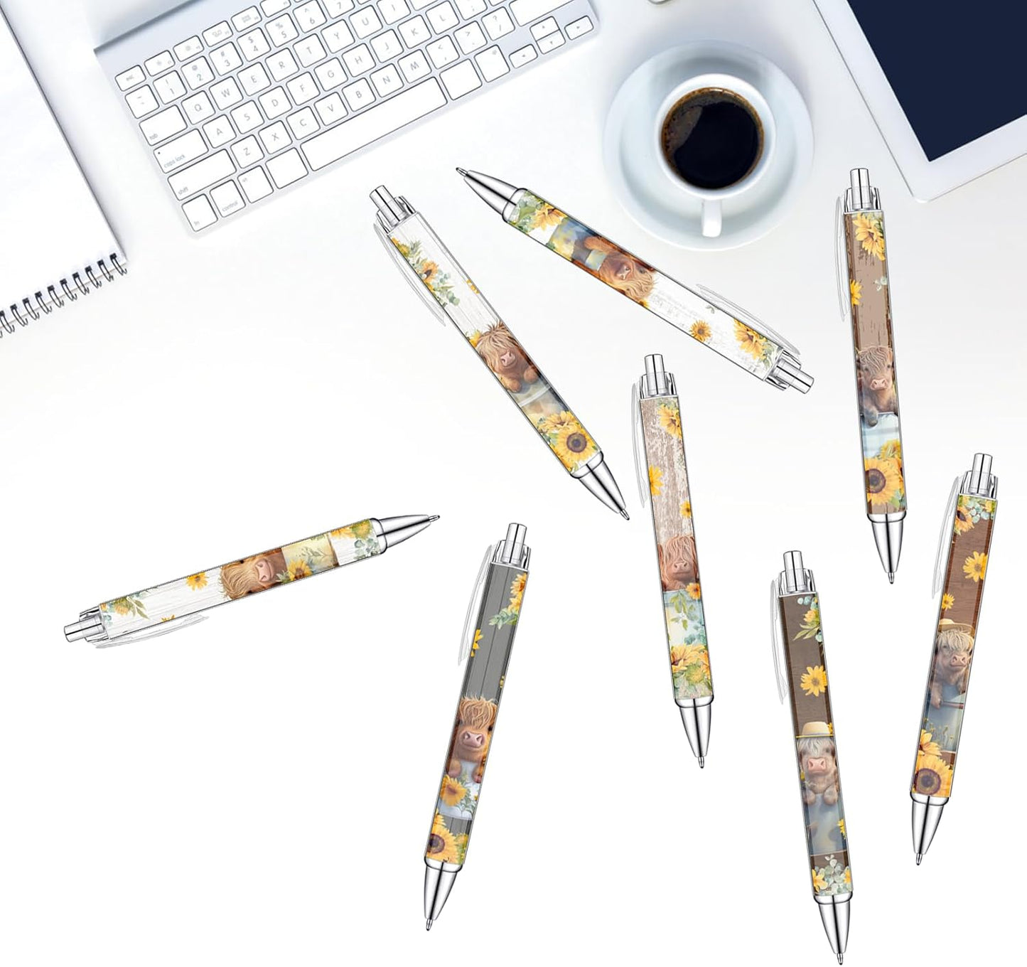 Idealmuzik 8 PCS Cute Highland Cow Print Pens, Cow Lovers Gifts, School Office Supplies, Gifts for Women Girls Teen Christmas New Year