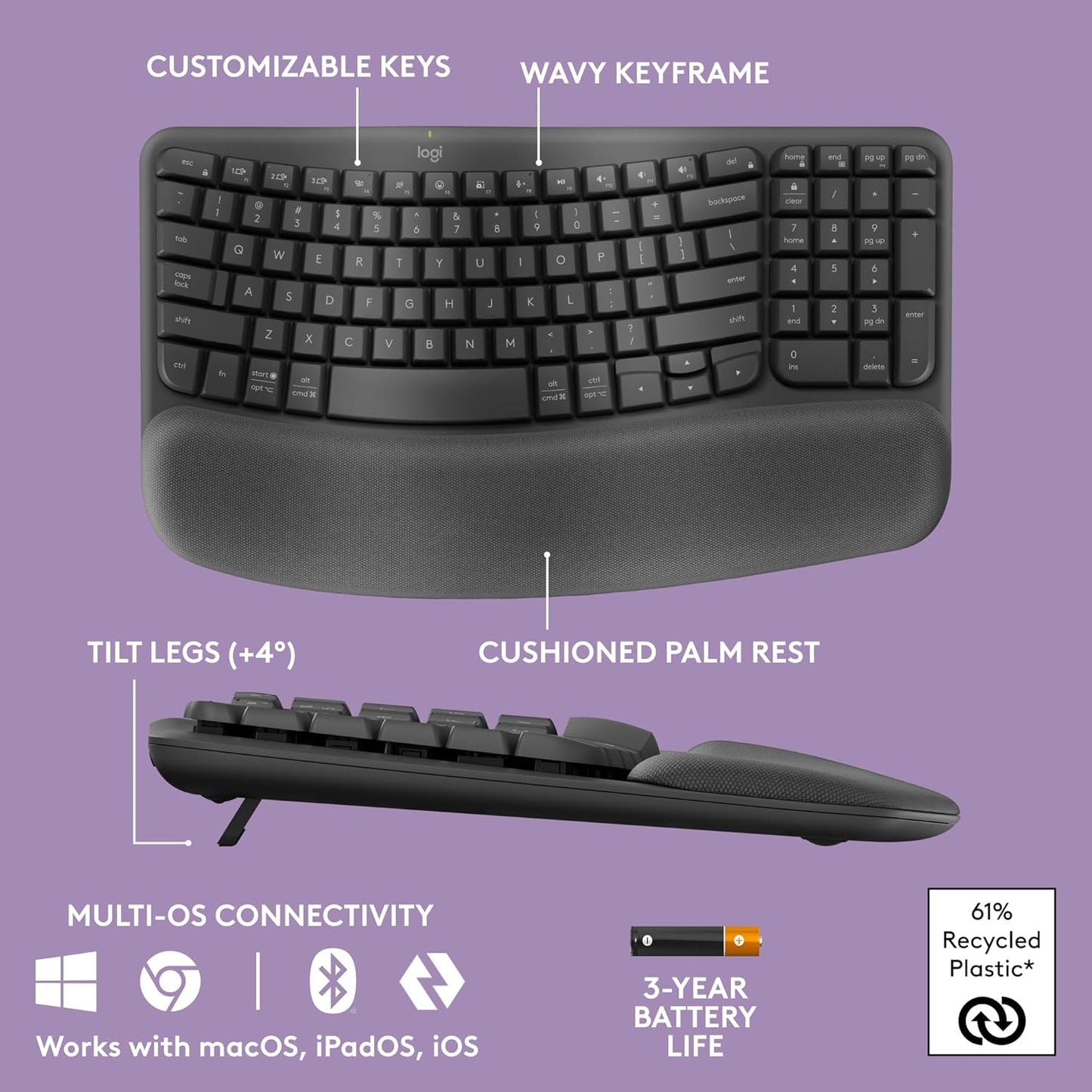 Logitech Wave Keys Wireless Ergonomic Keyboard with Cushioned Palm Rest, Comfortable Natural Typing, Easy-Switch, Bluetooth, Logi Bolt Receiver, for Multi-OS, Windows/Mac - Graphite