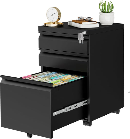 Metal Mobile File Cabinet with Lock and 4 Keys - Fully Assembled, Under Office Desk 3 Drawers Filing Cabinet for Home Office with Anti-tilt Wheels, A4/Legal/Letter Hanging File Drawers