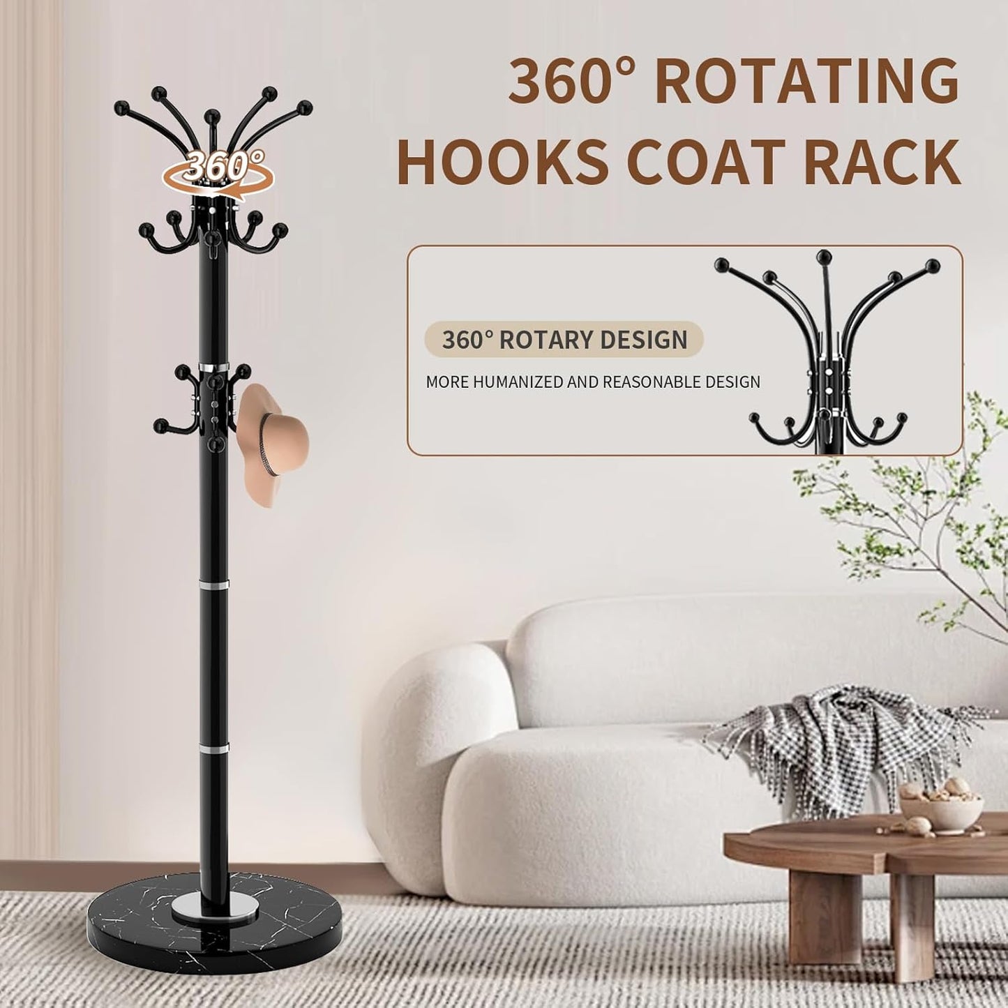 Modern Metal Coat Rack Stand, Coat Rack Freestanding with Natural Marble Base, 360°Rotary Design Sturdy Coat Racks with 16 Hooks, White Coat Hall Tree Stand for Entryway (Black)