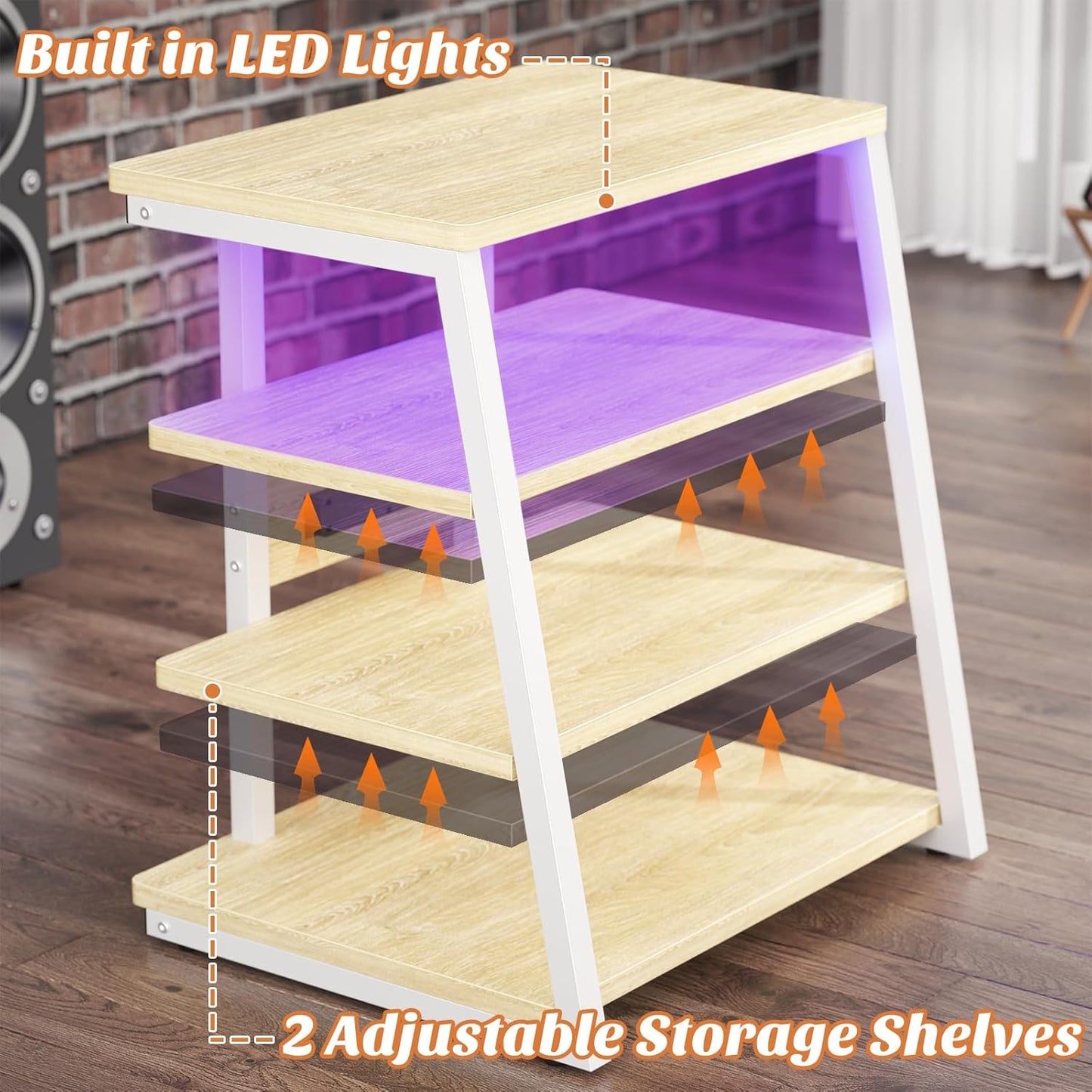 AV Media Stand with Outlets, Media Console with LED Lights, Stereo Racks and Stands with Storage Shelves, Media Audio Tower Cabinet, Natural Oak and White