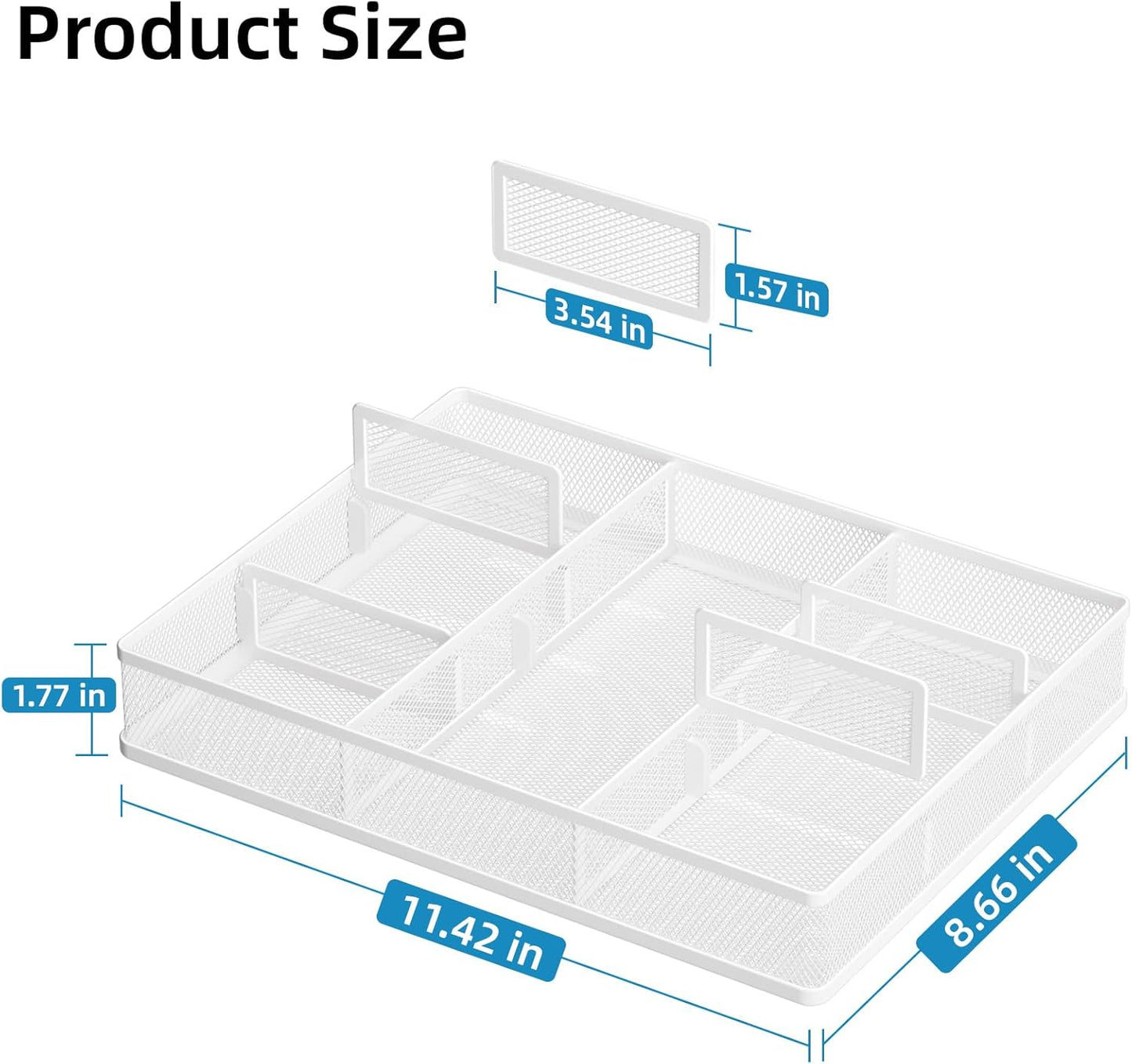 Marbrasse Desk Drawer Organizer, Metal Mesh Drawer Organizer Tray with 5 Adjustable Compartments,Desk Organizers and Accessories for Home,Office,Kitchen,Makeup,Vanity (White)