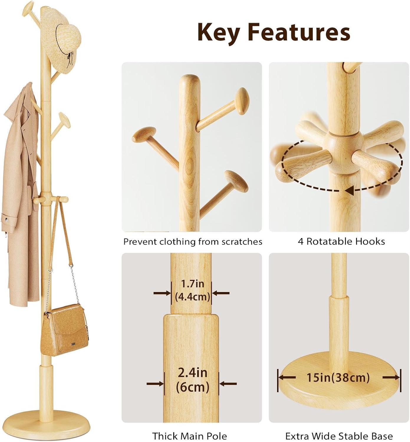 Solid Wood Coat Rack Freestanding Coat Tree with 10 Hooks for Bedroom, Livingroom, Entryway, Sturdy Coat Hanger Stand for Hats, Coats, Scarves, Handbags, Purses