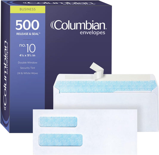 Columbian #10 Double-Window Self Seal Security Tint Envelopes, 500/Box, 24lb White Wove, 4-1/8 x 9-1/2 Inches (COLO132)