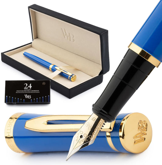 Wordsworth & Black Fountain Pen Set, 18K Gilded Extra Fine Nib, Includes 24 Pack Ink Cartridges, Ink Refill Converter & Gift Box, Gold Finish, Calligraphy, [Imperial Blue], Perfect for Men & Women