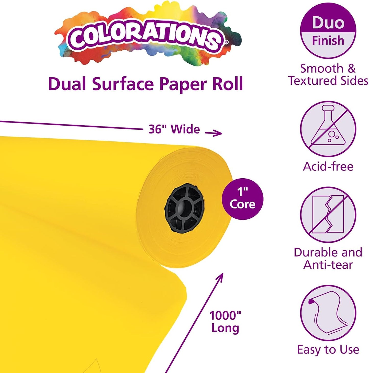 Colorations Dual Surface Paper Roll Classroom Supplies for Arts and Crafts Yellow (36" x 1000') (Item # DSYE)