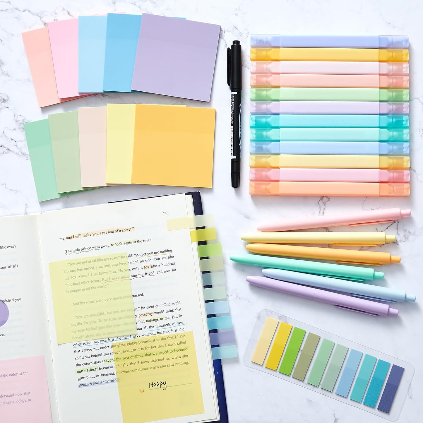 Jutom 38 Pcs Book Annotation Kit Aesthetic Highlighters Gel Pens Set Sticky Notes Tabs Markers Dual Ended Highlighter Quick Dry Ink Pens for Office Annotating Books(Bright Color,Square)