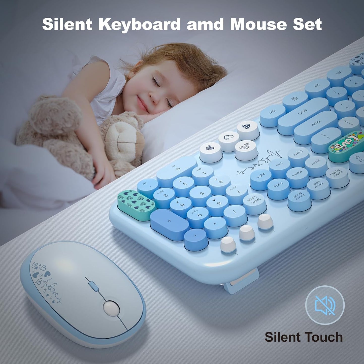 Wireless Keyboard and Mouse Combo, MOWUX Full Size Typewriter Retro Round Computer Keyboard, Cute Optical Mouse Wireless, Plug and Play, for Laptop, PC, Computer - Blue Heart